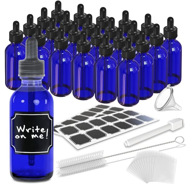 Nevlers 2 oz. Glass Dropper Bottles with Funnel, Brush, Marker and Labels-Blue (Pack of 24)