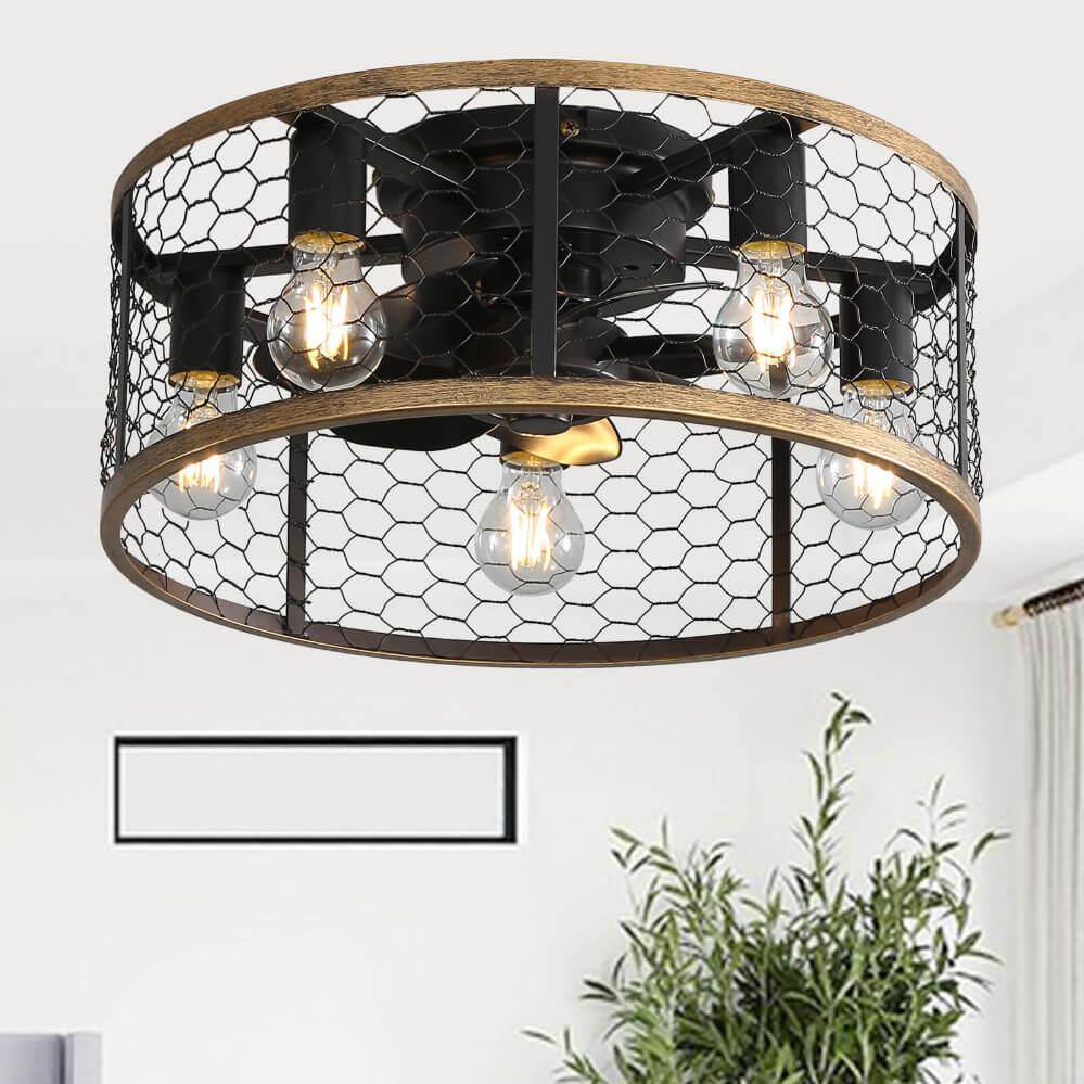 20 in. Black Industrial Low Profile Caged Ceiling Fan with Light and Remote