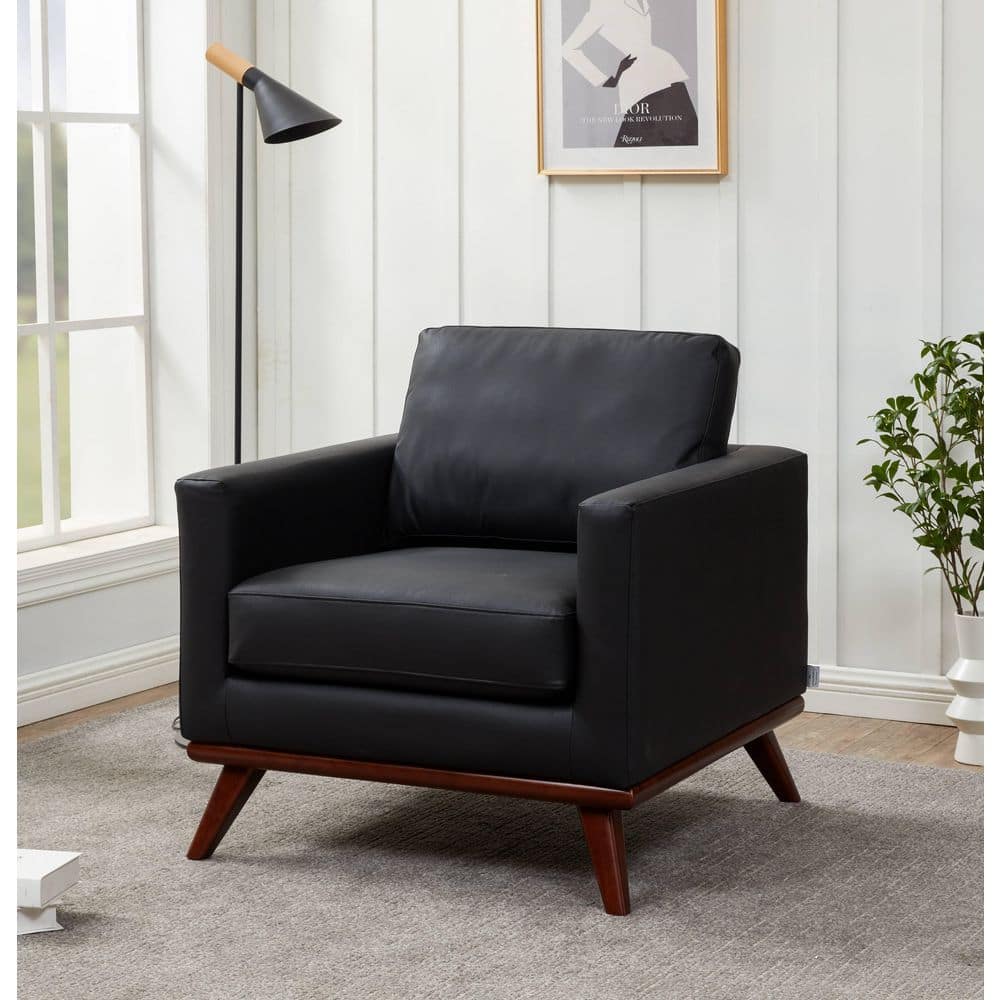 Chester Leather Accent Arm Chair with Removable Cushions Single Seater Sofa with Birch Wood Legs in Black