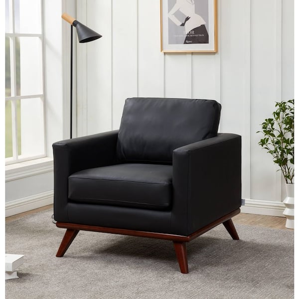 Leisuremod Chester Leather Accent Arm Chair with Removable Cushions Single Seater Sofa with Birch Wood Legs in Black