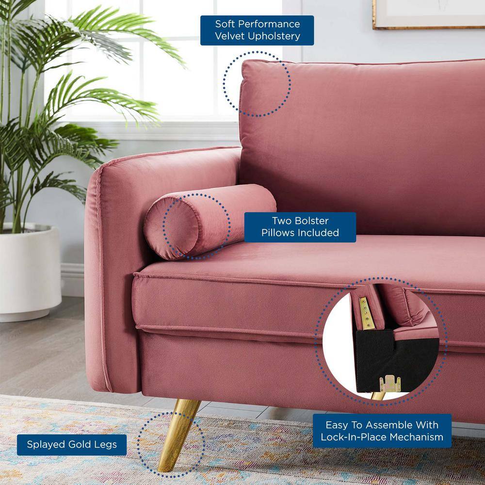 Dusty Rose Velvet Upholstered Sofa with Gold Legs
