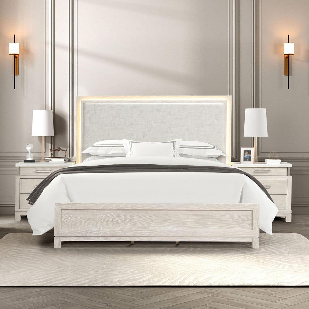 Patty 3-Piece Weathered Gray Wood Frame Queen Panel Bedroom Set with LED on Headboard, Stainless Steel Posts, Marble Top price history on PriceWatchPro
