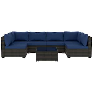7-Piece Wicker Patio Conversation Sectional Seating Set with Coffee Table for Deck, Backyard, Lawn, Navyblue