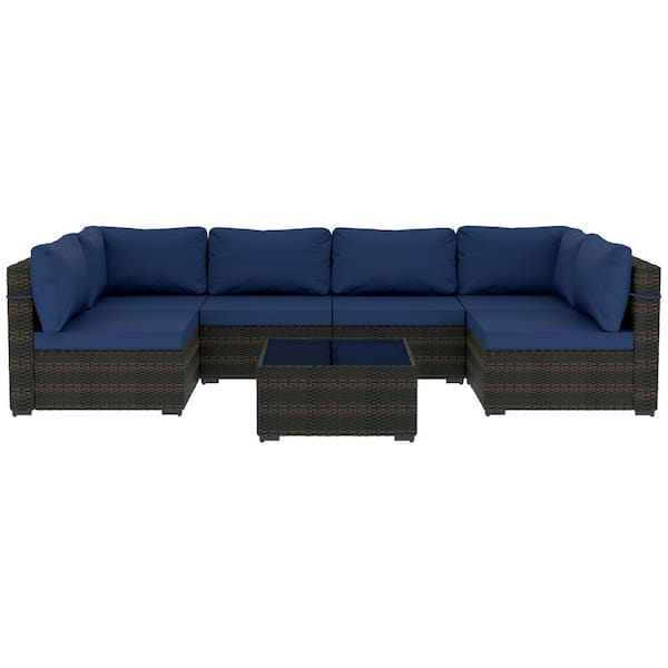 UPHA 7-Piece Wicker Patio Conversation Sectional Seating Set with Coffee Table for Deck, Backyard, Lawn, Navyblue