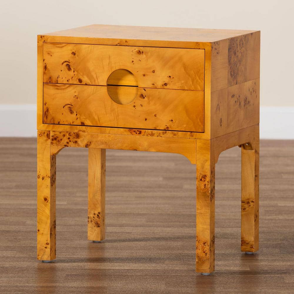 Kayla Light Mappa Burl Wood 2-Drawer Nightstand