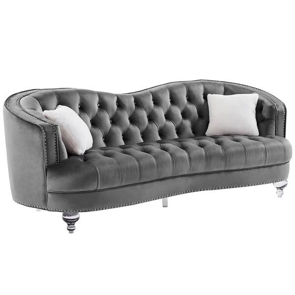 KINWELL 70 and 90 in. W Square Arm Velvet Tufted 5-Seater Curved Sofa with Nailheads in Gray