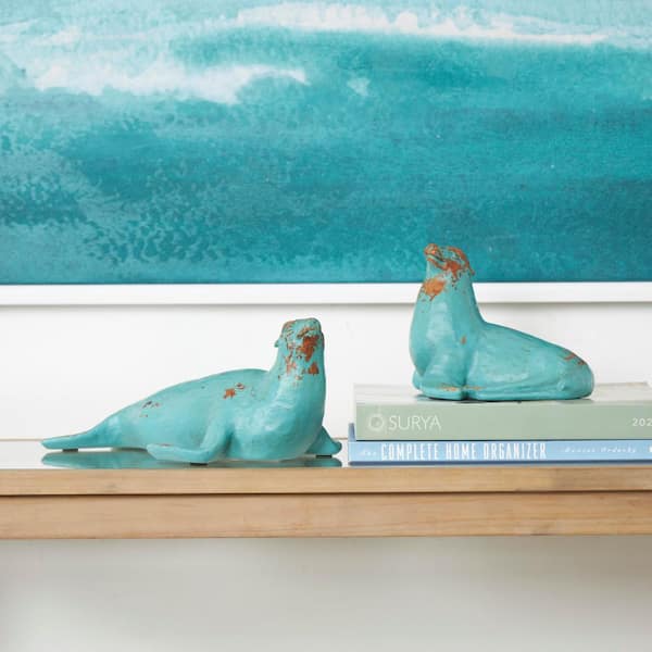 Litton Lane Teal Polystone Distressed Sea Lion Sculpture with Brown Wood Inspired Accents (Set of 2)