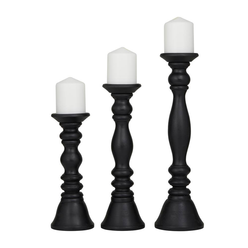 Litton Lane Black Wood Turned Style Pillar Candle Holder (Set of 3