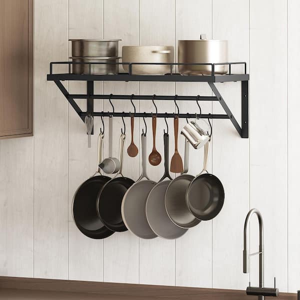 23.8 in. Black Wall Mounted Pot Rack and Organizer with 12 S-Hook for Kitchen Cookware Organization (1-Pack)