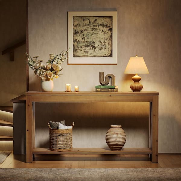 63 in. Wood Color Rectangle Solid Wood Console Table, 2-Tier Sofa Table Entryway Table with Storage Shelf