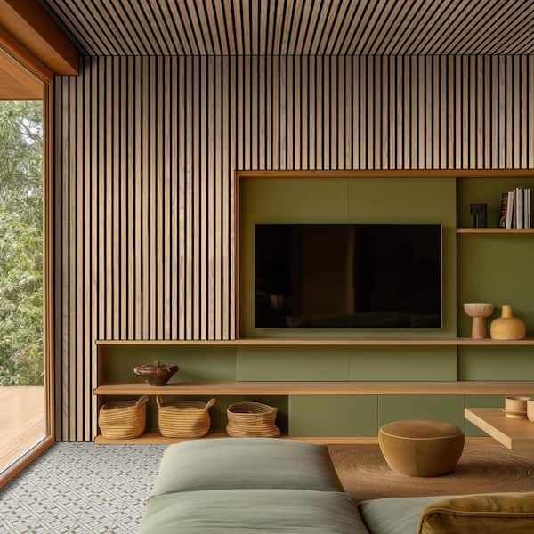 Harmony Almond Acoustic 0.80 in. x 9.5 in. x 120 in. Beige Wood Sound Absorbing Wall Panel(4-Panels/31.68 sq. ft./Case)