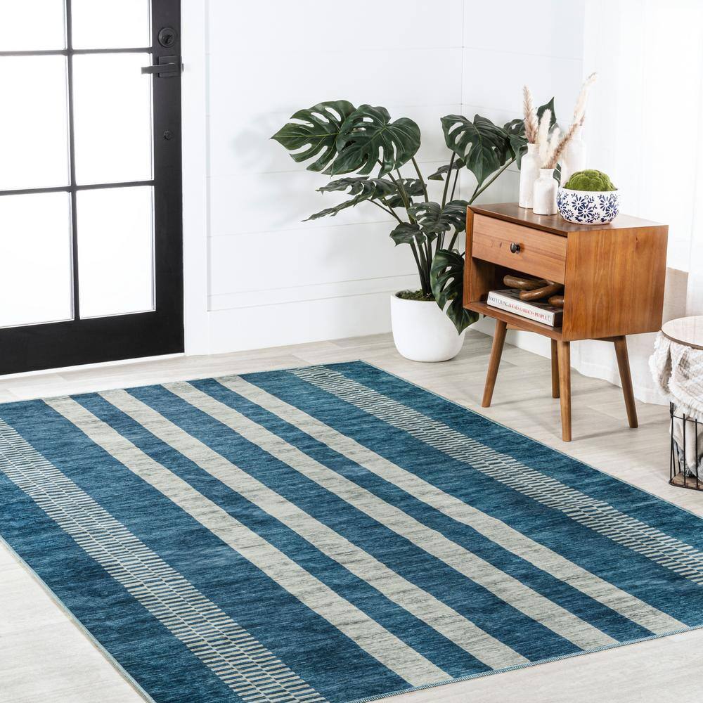 Blue and Cream Striped Machine-Washable Synthetic Area Rug