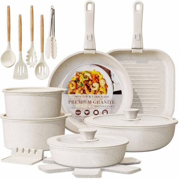 23-Piece Nonstick Ceramic Cookware Set with Detachable Handles, Oven Safe and Induction Ready, Cream White