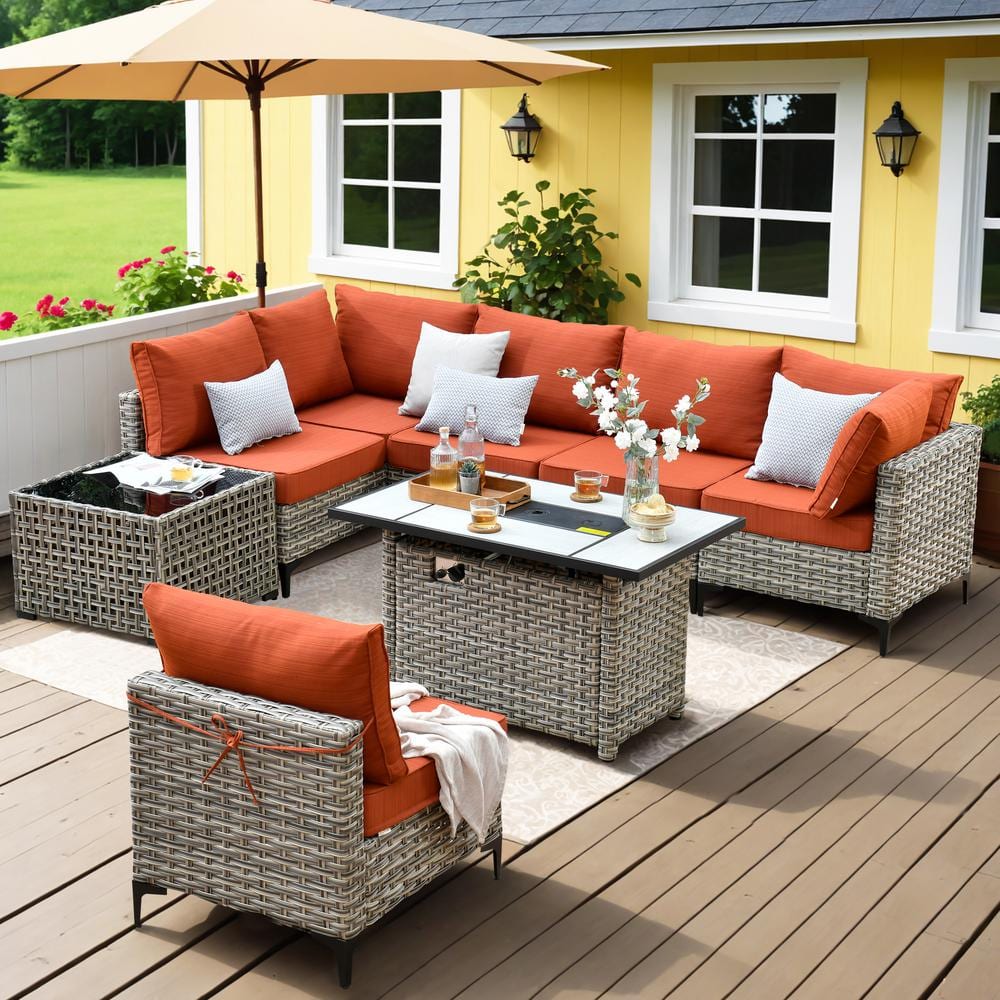 Holston 8-Piece Wicker Modern Outdoor Patio Rectangular Fire Pit Conversation Sofa Set with Orange Red Cushions price history on PriceWatchPro
