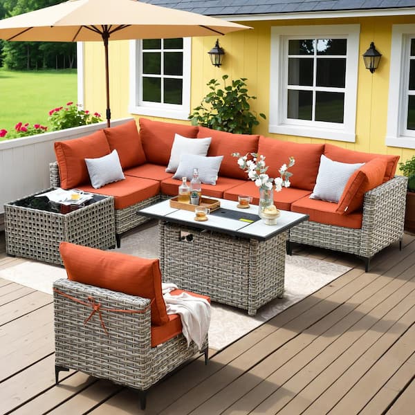 HOOOWOOO Holston 8-Piece Wicker Modern Outdoor Patio Rectangular Fire Pit Conversation Sofa Set with Orange Red Cushions