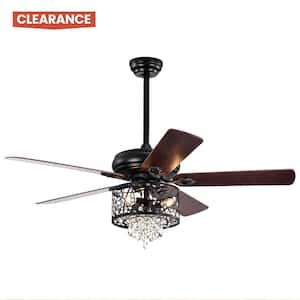52 in. Indoor/Outdoor Black Ceiling Fan Light with Remote, LED Crystal Pendant Downrod, and Reversible Motor