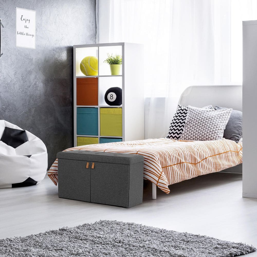 Modern Gray Tufted Ottoman Storage Bench with Adjustable Shoe Shelves