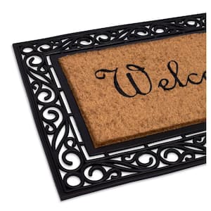 Welcome Brown 24 in. W x 36 in. L Rubber Moulded Brush Coir Door Mat with Scroll Border