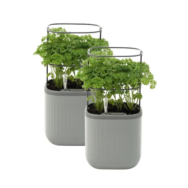 vego garden Mini Planter Box Recyclable Plastic with Trellis Self-Watering Raised Garden Bed, Fog Gray (2-Pack)