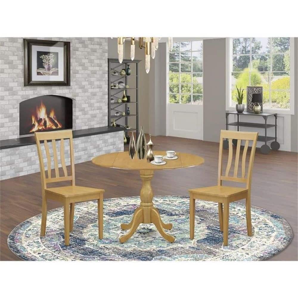 3-Piece Natural Oak Finish Solid Wood Top-Dining Room Set with Dropleaf-Seats 4