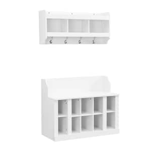 Shoe Storage Bench with Shelves and 4-Hooks, Elegant Hall Tree with Wall Mounted Coat Rack, Entryway Organizer, White