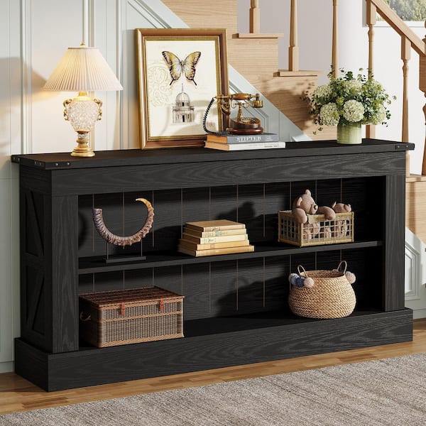 Benjamin 63 in. Long Black Rectangle Wood Console Table, Farmhouse Entryway Table Sofa Table Behind Couch