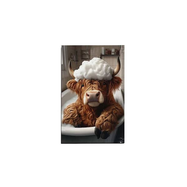 Animal Canvas Wall Art, A Highland Cow in Bathtub Picture Prints Gallery Wrapped Framed Canvas Decor 28x40 Inch