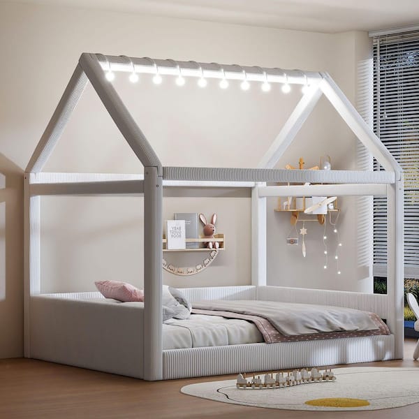 Graham Beige Full Size Upholstered House Daybed with LED Light Strips