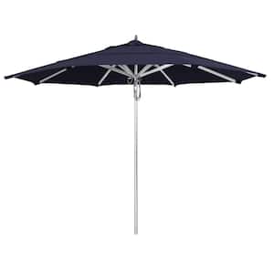 11 ft. Silver Aluminum Commercial Market Patio Umbrella with Pulley Lift in Navy Sunbrella