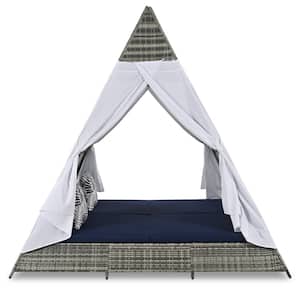 Tent Shape 90.5 in.W Grey Wicker Outdoor Day Bed with Navy Blue Cushions