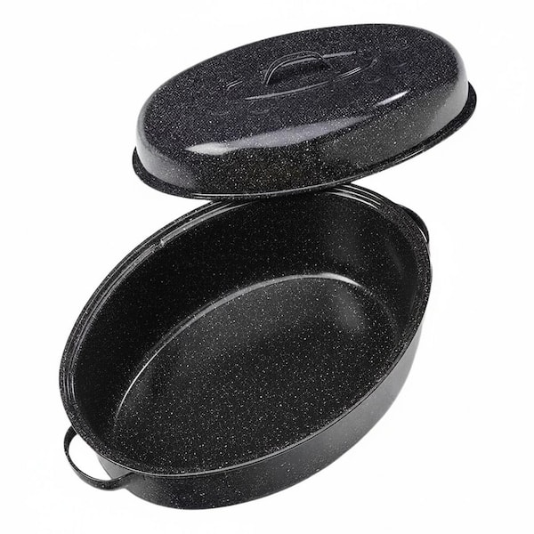 18 qt. Black Enamel Carbon Steel Oven Safe Roaster Pan with Lid Cooktop Compatible Roasting Pan 1 Piece
