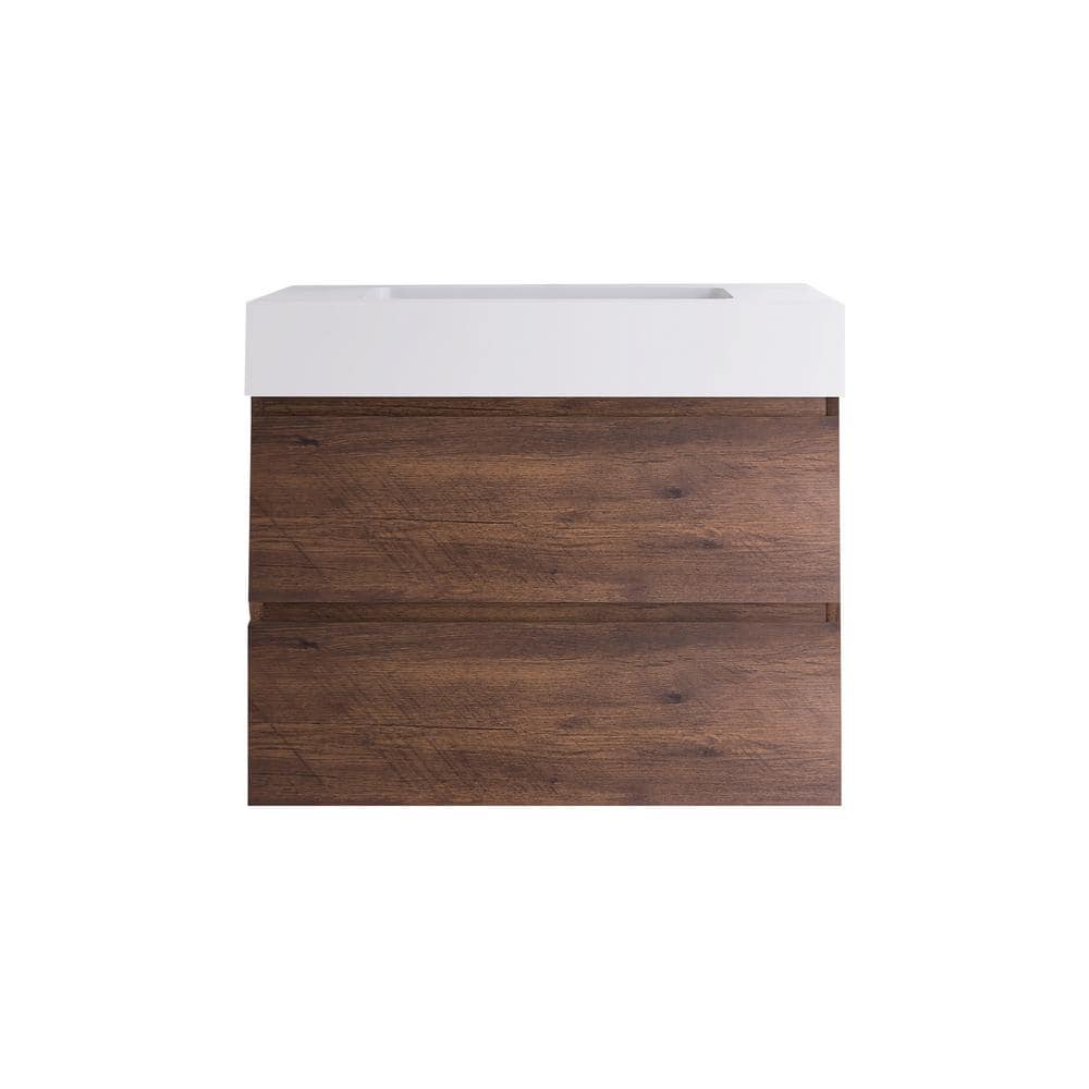 Walnut Wall-Mounted Bathroom Vanity with White Resin Sink, 30" x 18"