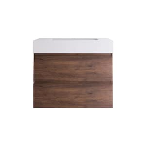 30 in. W x 18 in. D x 25 in. H Single Sink Wall-Mounted Bath Vanity in Walnut with White Cultured Marble Top