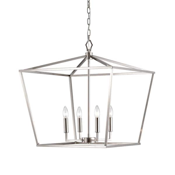 Edvivi 4-Light 23 in. Brushed Nickel Lantern Cage Pendant Light Farmhouse Chandelier