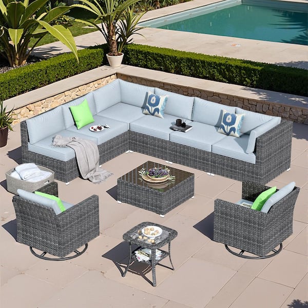 HOOOWOOO Messi Grey 10-Piece Wicker Outdoor Patio Conversation Sofa Seating Set with Swivel Rocking Chairs and Grey Cushions