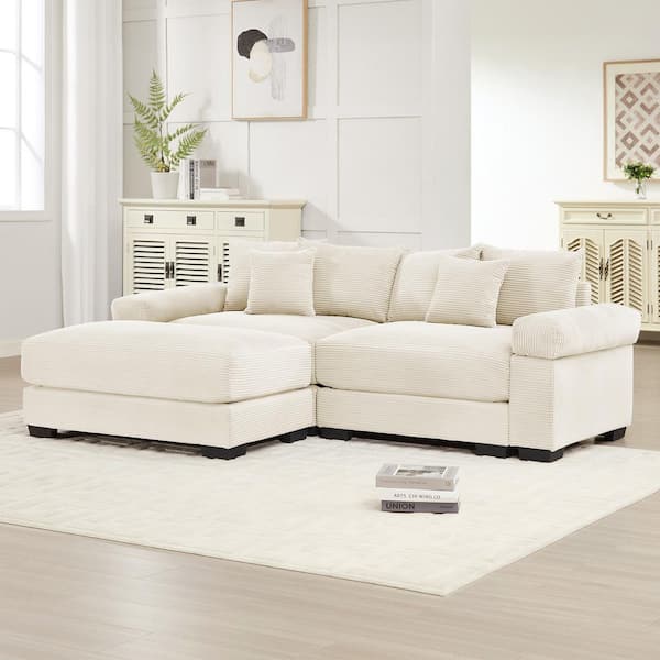 Edeline Modern 92 in. Cloud Corduroy Upholstery Modular L-Shaped Sectional Sofa in. Beige with Ottoman, Cream