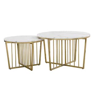 Modern 31.5 in. White Wood Nesting End Table Round Coffee Table with Sturdy Metal Bases