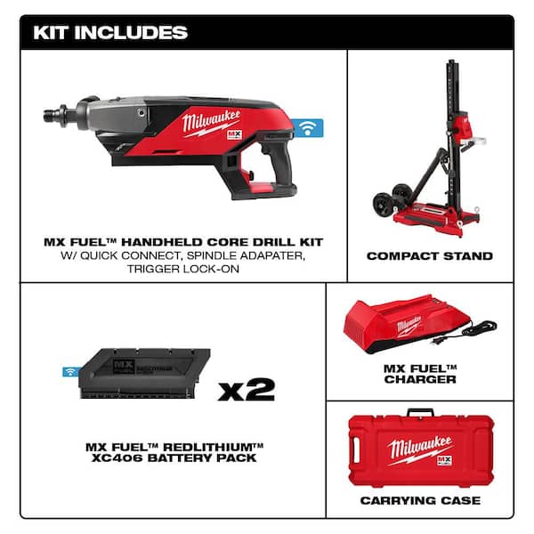 MX Fuel Lithium-Ion Cordless Handheld Core Drill Kit with Stand, 2 Batteries and Charger + XC406 Battery Pack