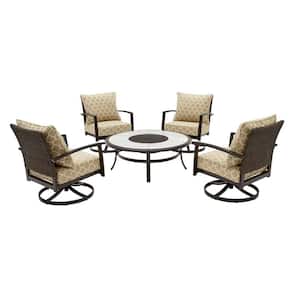 Whitfield 5-Piece Dark Brown Metal Outdoor Patio Round Fire Pit Seating Set w/ CushionGuard Toffee Trellis Tan Cushions