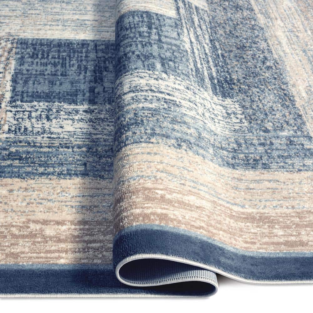 Mid-Century Modern Geometric Blue/Ivory Synthetic Area Rug, 5'2"x7'2"