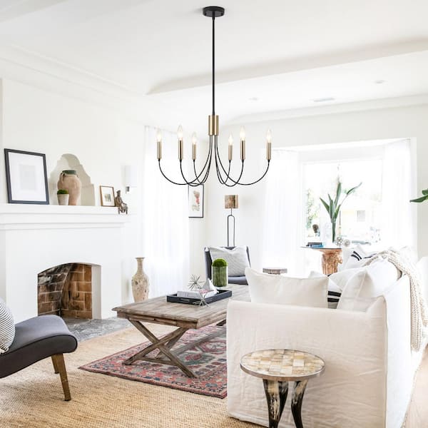 6-Light Black and Copper Candlestick Linear Chandelier Lighting for Dining Room Kitchen Island with No Bulbs Included