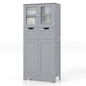 Grey Bathroom Floor Storage Cabinet Kitchen Cupboard with 2-Drawers and Glass Doors