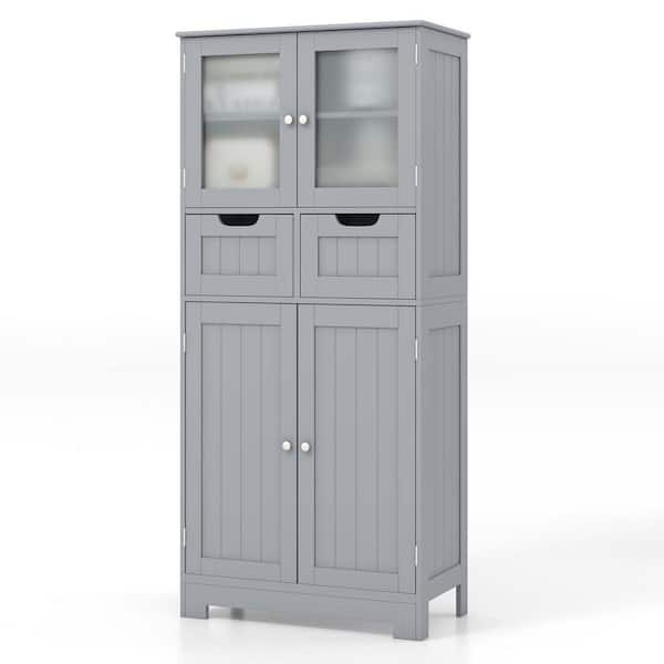 Costway Grey Bathroom Floor Storage Cabinet Kitchen Cupboard with 2-Drawers and Glass Doors