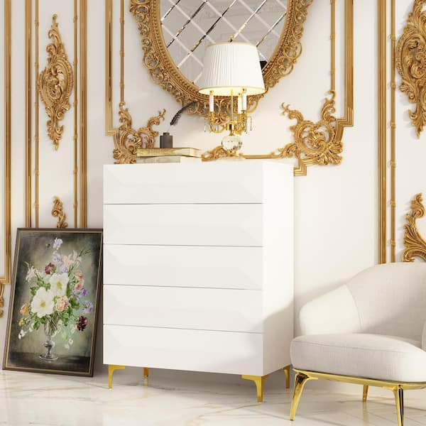 FUFU&GAGA White 5 Drawers 31.5 in. Rectangle Wooden Chest of Drawers, End Table, Side Table