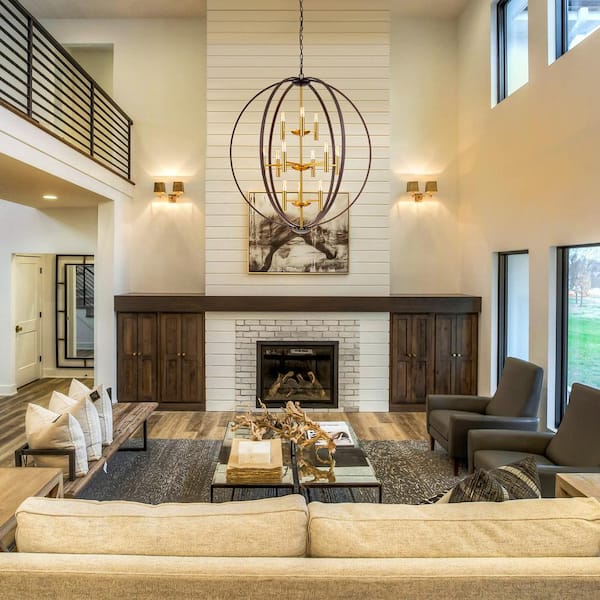 Newlyn 12-Light Brown Aged Brass Candle Globe Cage Industrial Tiered Large Chandelier for Living Room