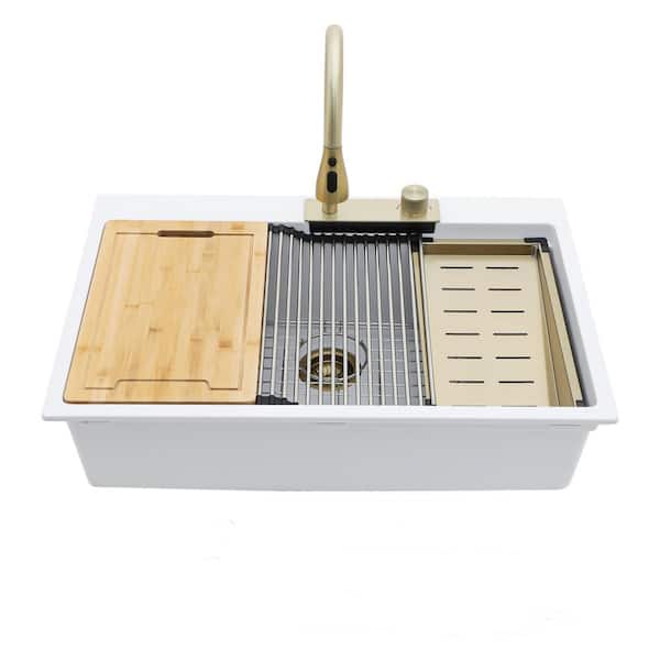 33 in. Drop-In Single Bowl No Gauge White Composite Granite Quartz Kitchen Sink with Pull-Down Faucet and Bottom Grids