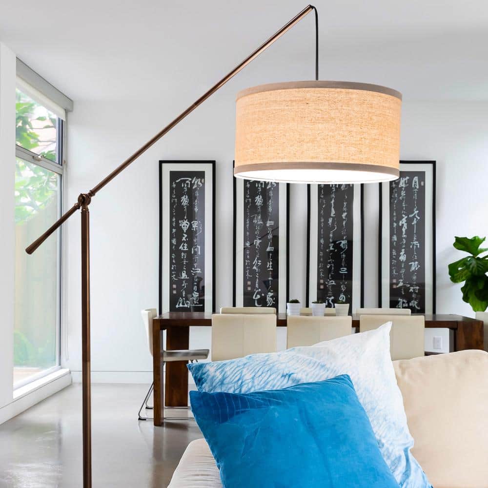 Adjustable Arc LED Floor Lamp for Kids' Room in Bronze with Beige Shade