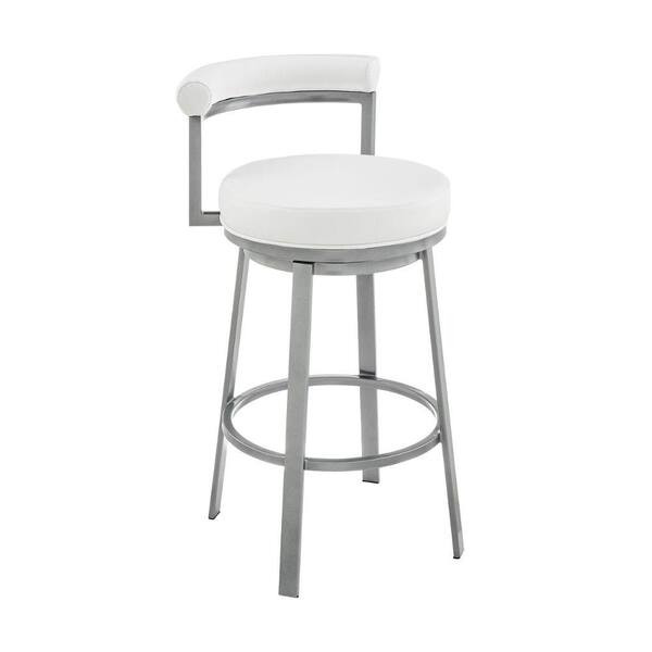 Benjara 30 in. White and Gray Low Back Metal Frame Bar Stool with Faux Leather Seat