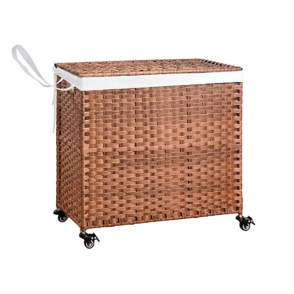 PARASOLAR Brown 27 x 13 x 26 Wicker Modern Rectangle Laundry Room Hamper with Removable Bags, Wheels