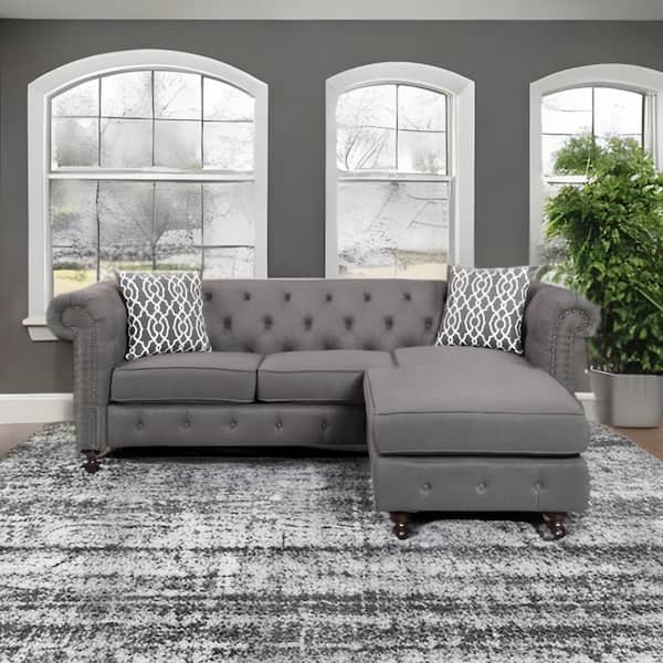 HomeRoots 90 in. Rolled Arm 1-piece Linen L-Shaped Sectional Sofa in. Brown with Nail head Trim